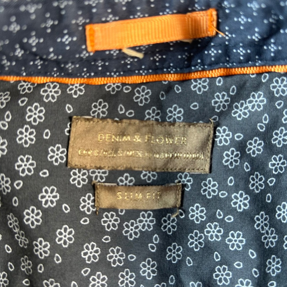 Denim & Flower Mens Slim Fit Navy Blue Floral Daisy Print Button Down Shirt S